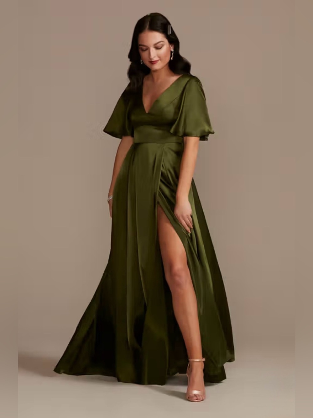 Galina Signature Martini Olive Charmeuse Flutter Sleeve Bridesmaid Gown 12